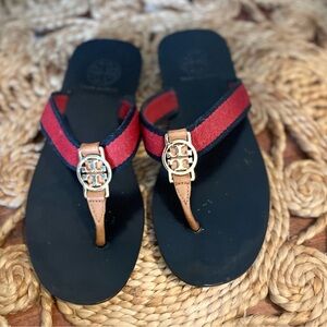 Tory Burch Black Sandals with Red and Navy Straps